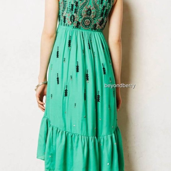Anthropologie Floreat Ijada Green Embroidered Sequin Stitch Hi-Low Ruffle Dress - Picture 5 of 9